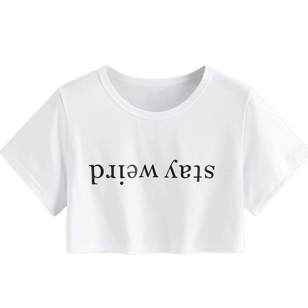 Stay Weird Cropped Graphic Tee Size L White Cotton Y2K Baby Tee